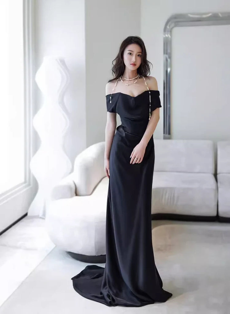 Simple black satin long prom dress classic fit off shoulder evening dress