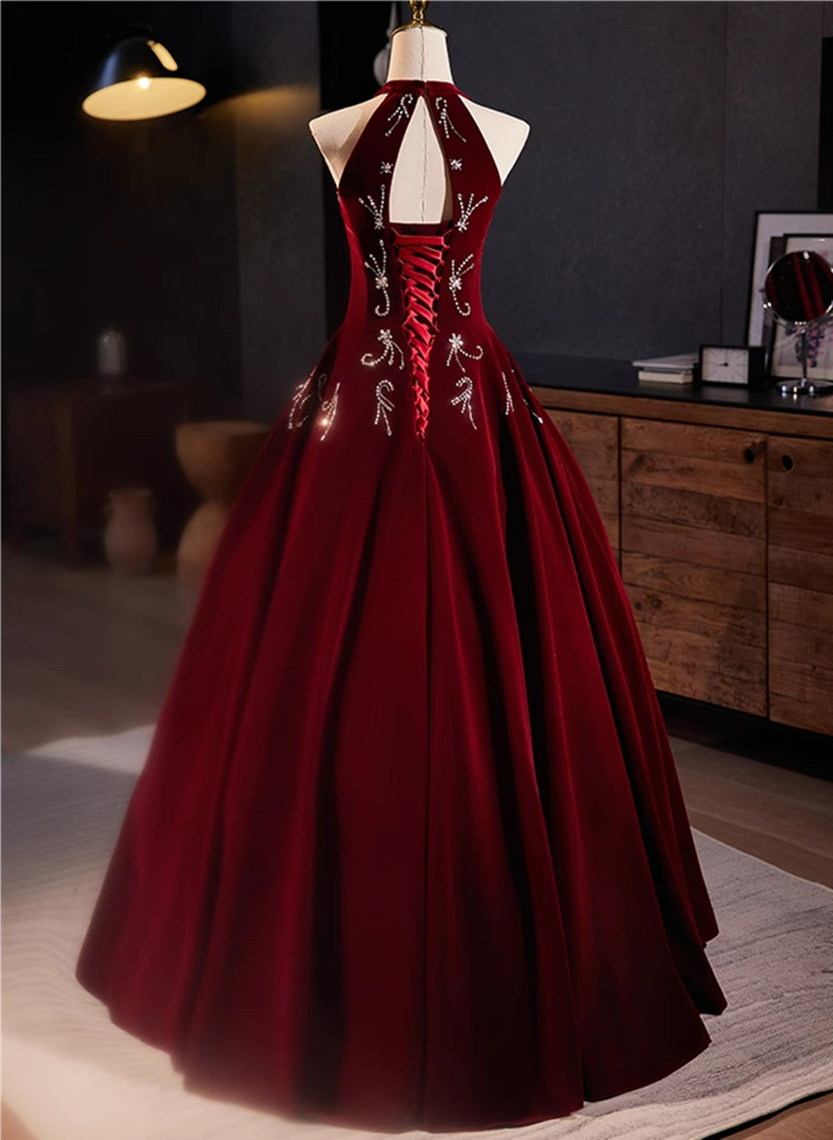 Glam Wine Red Beaded Velvet Halter Evening Dress, Wine Red Velvet Prom Cutedressy Glam Wine Red Beaded Velvet Halter Evening Dress, Wine Red Velvet Prom Cutedressy