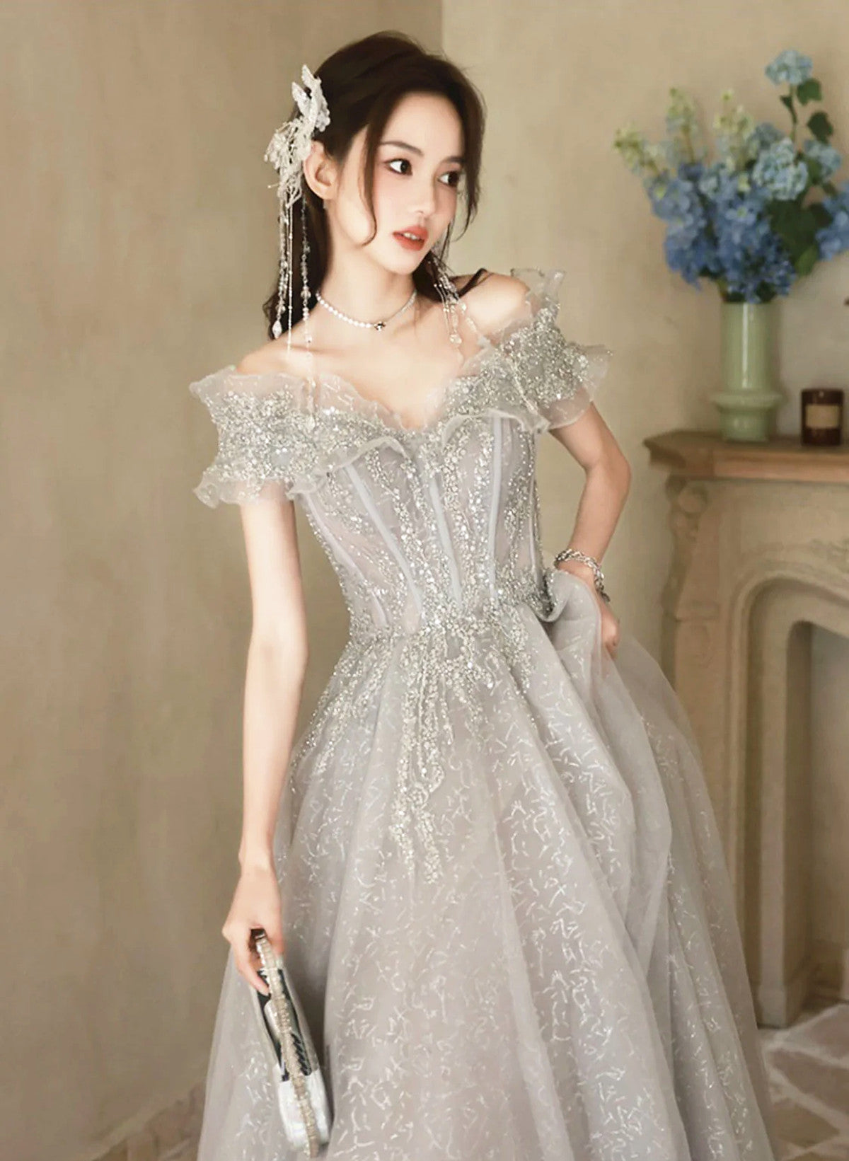 Cute A-line Light Grey Off Shoulder Shiny Tulle Prom Dress, Light Grey – Cutedressy