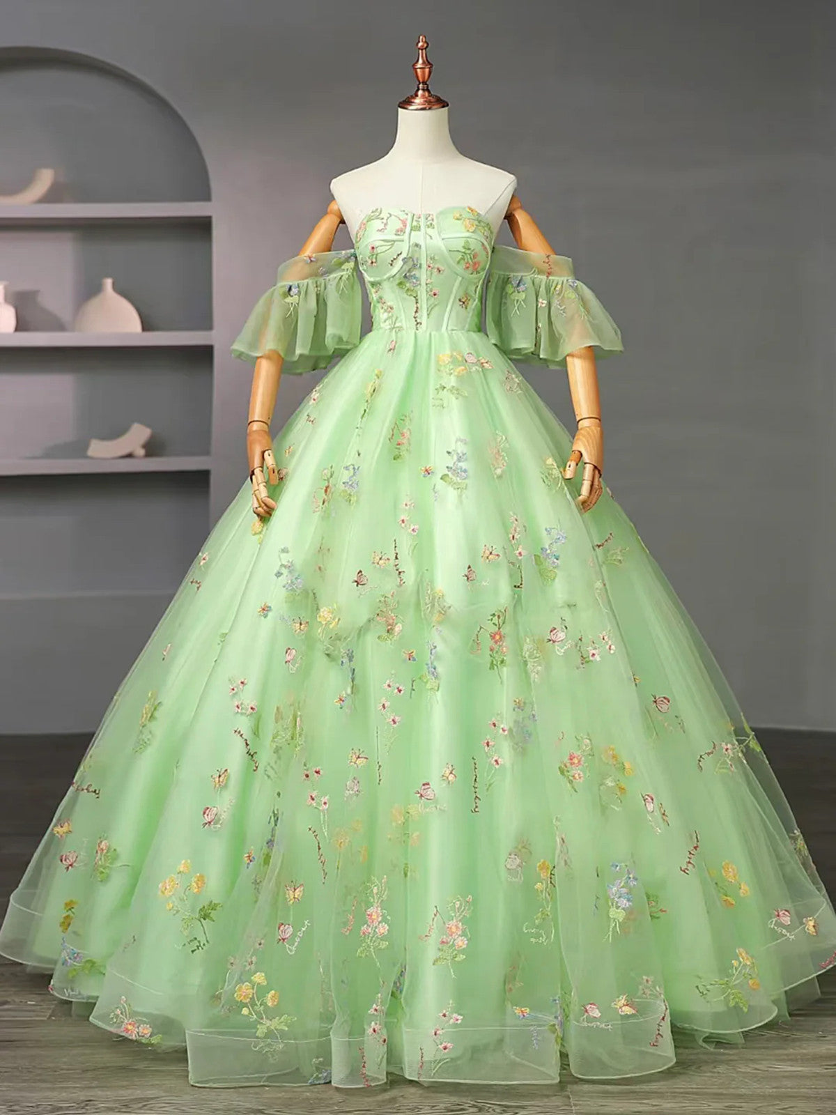 Light Green Tulle Floral Straps Long Formal Dress, Light Green Prom Dr Cutedressy Light Green Tulle Floral Straps Long Formal Dress, Light Green Prom Dr Cutedressy
