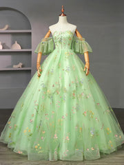 Light Green Tulle Floral Straps Long Formal Dress, Light Green Prom Dress