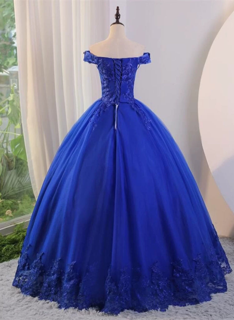 Royal Blue Ball Gown Tulle with Lace Applique Prom Dress,Royal Blue Sw