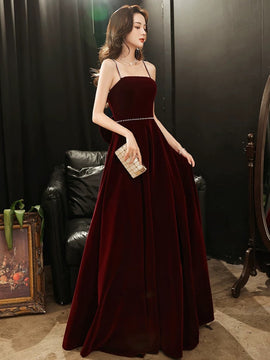 A-line Wine Red Velvet Straps Long Party Dress, Wine Red Velvet Prom Dress