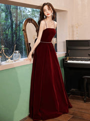 A-line Wine Red Velvet Straps Long Party Dress, Wine Red Velvet Prom Dress