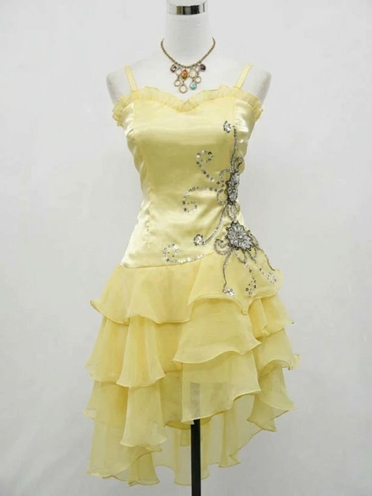 Cute Light Yellow Organza Beaded Layers Straps Party Dress, Yellow Short Homecoming Dress