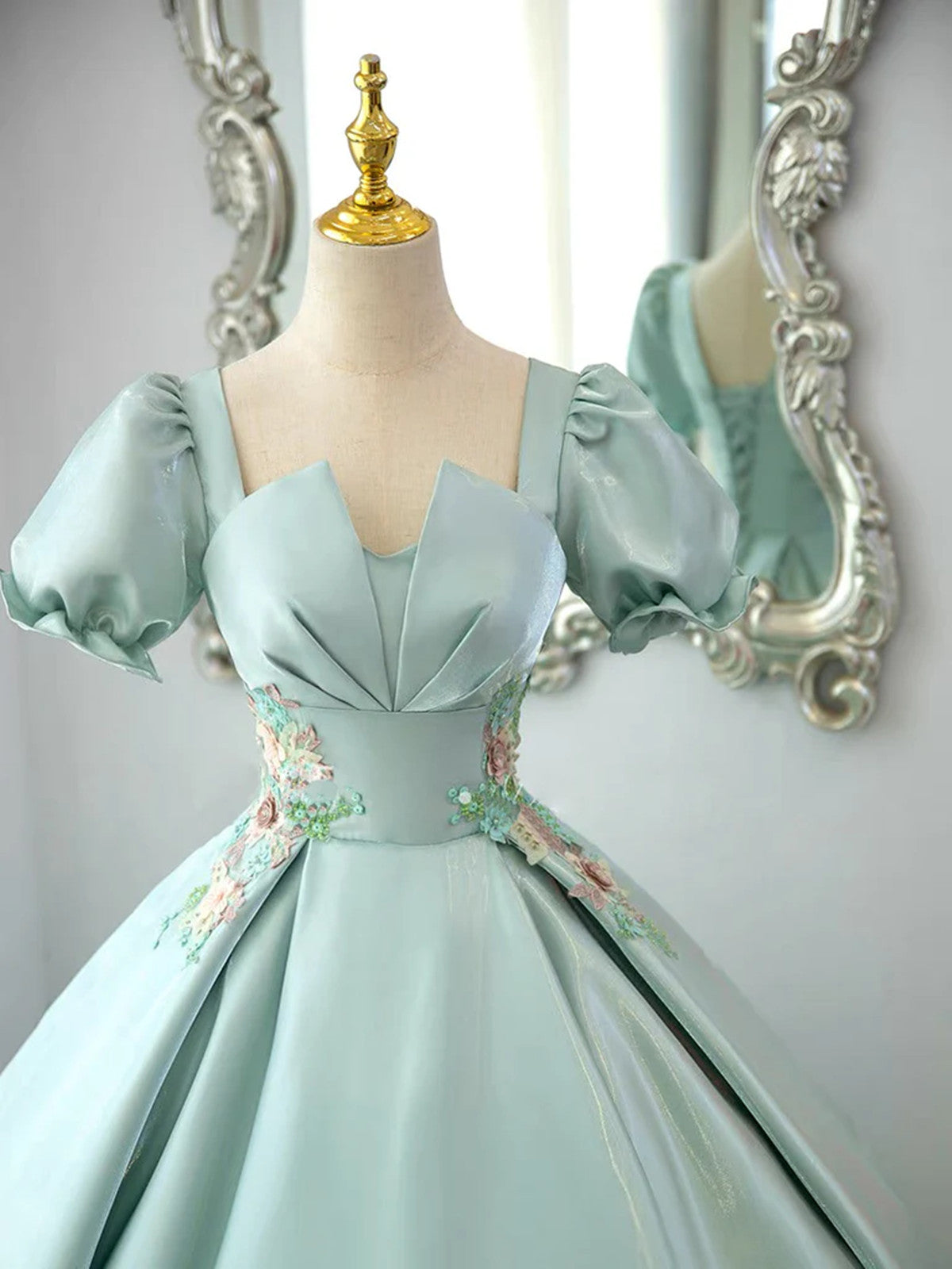 Green Satin Short Sleeves Long Formal Dress, Green Satin Prom Dress Evening Dress