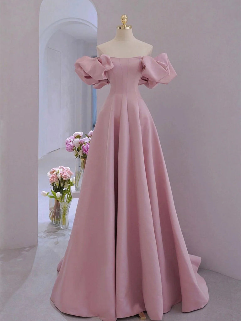 A-line Pink Satin Short Sleeves Homecoming Dress, Pink Satin Short Prom Dress