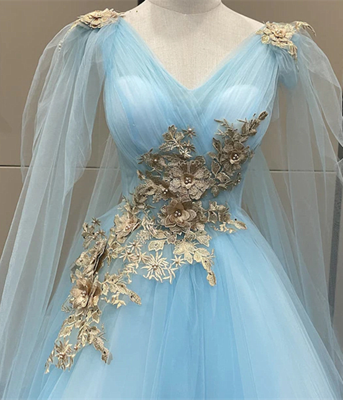 Light Blue Tulle with Gold Lace Applique Party Dress, Light Blue Prom Cutedressy Light Blue Tulle with Gold Lace Applique Party Dress, Light Blue Prom Cutedressy