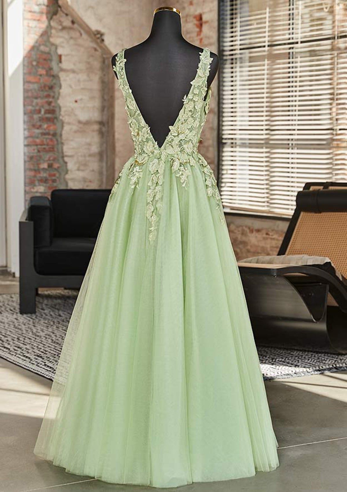 Green A-line V-neckline Tulle with Lace Long Party Dress, Green Tulle Cutedressy Green A-line V-neckline Tulle with Lace Long Party Dress, Green Tulle Cutedressy