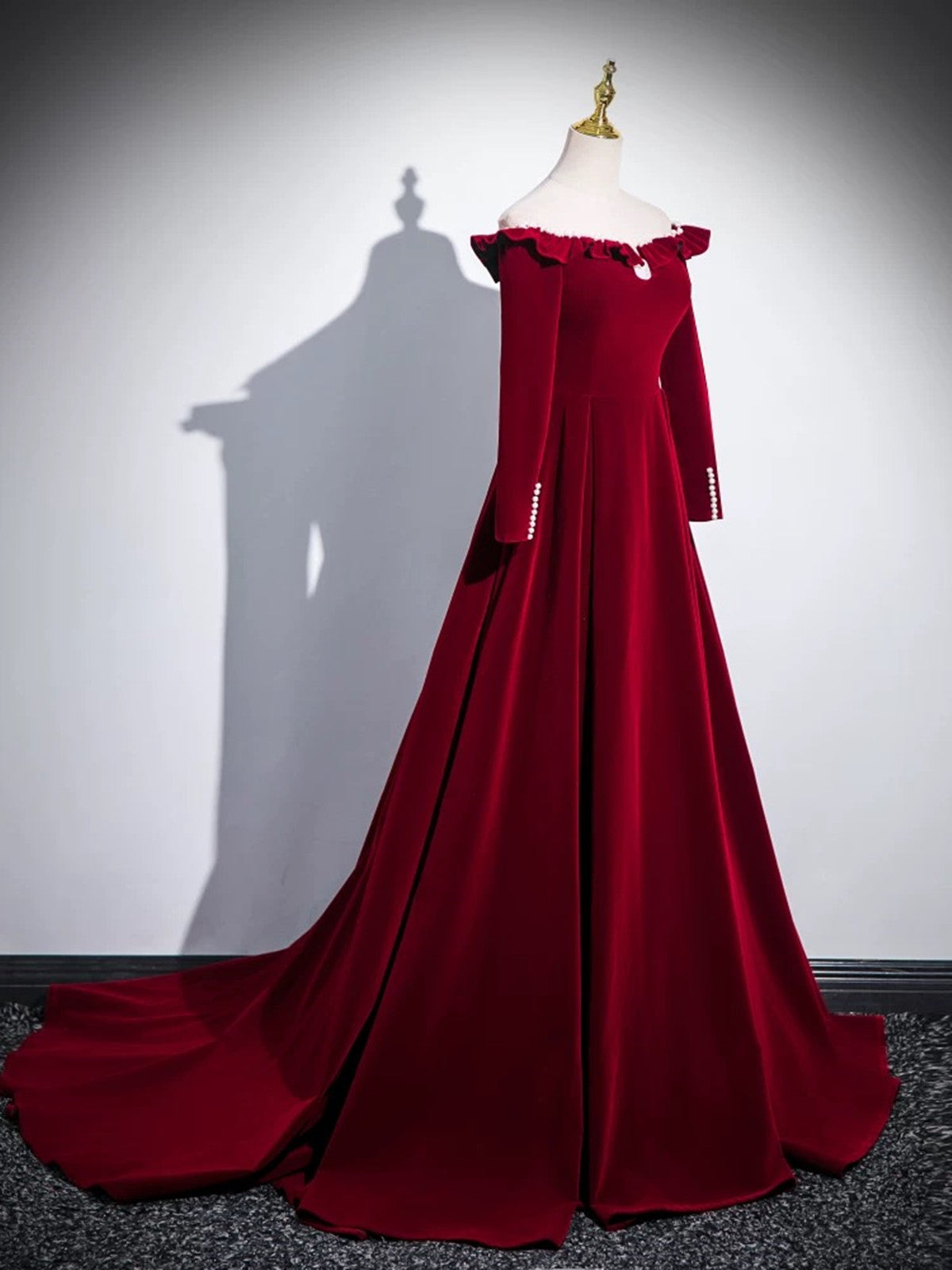 A-line Wine Red Velvet Long Sleeves Low Back Prom Dress, Wine Red Part Cutedressy A-line Wine Red Velvet Long Sleeves Low Back Prom Dress, Wine Red Part Cutedressy