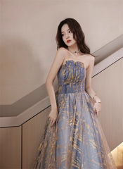 A-line Blue Gradient Tulle Lace-up Formal Dress, Blue Floor Length Prom Dress Party Dress