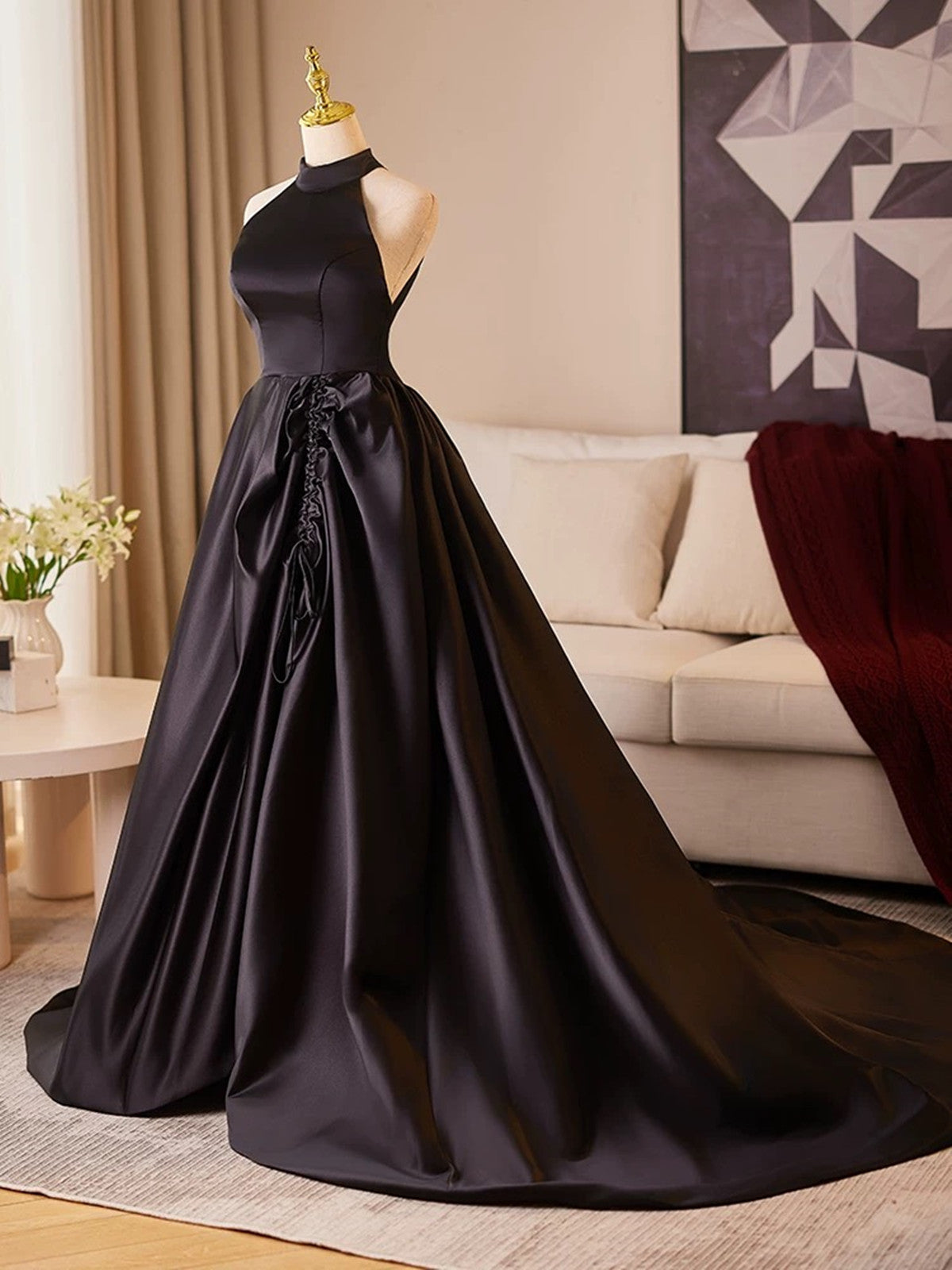 Black Halter Satin A-line Simple Style Prom Dress, Black Satin Party D Cutedressy Black Halter Satin A-line Simple Style Prom Dress, Black Satin Party D Cutedressy