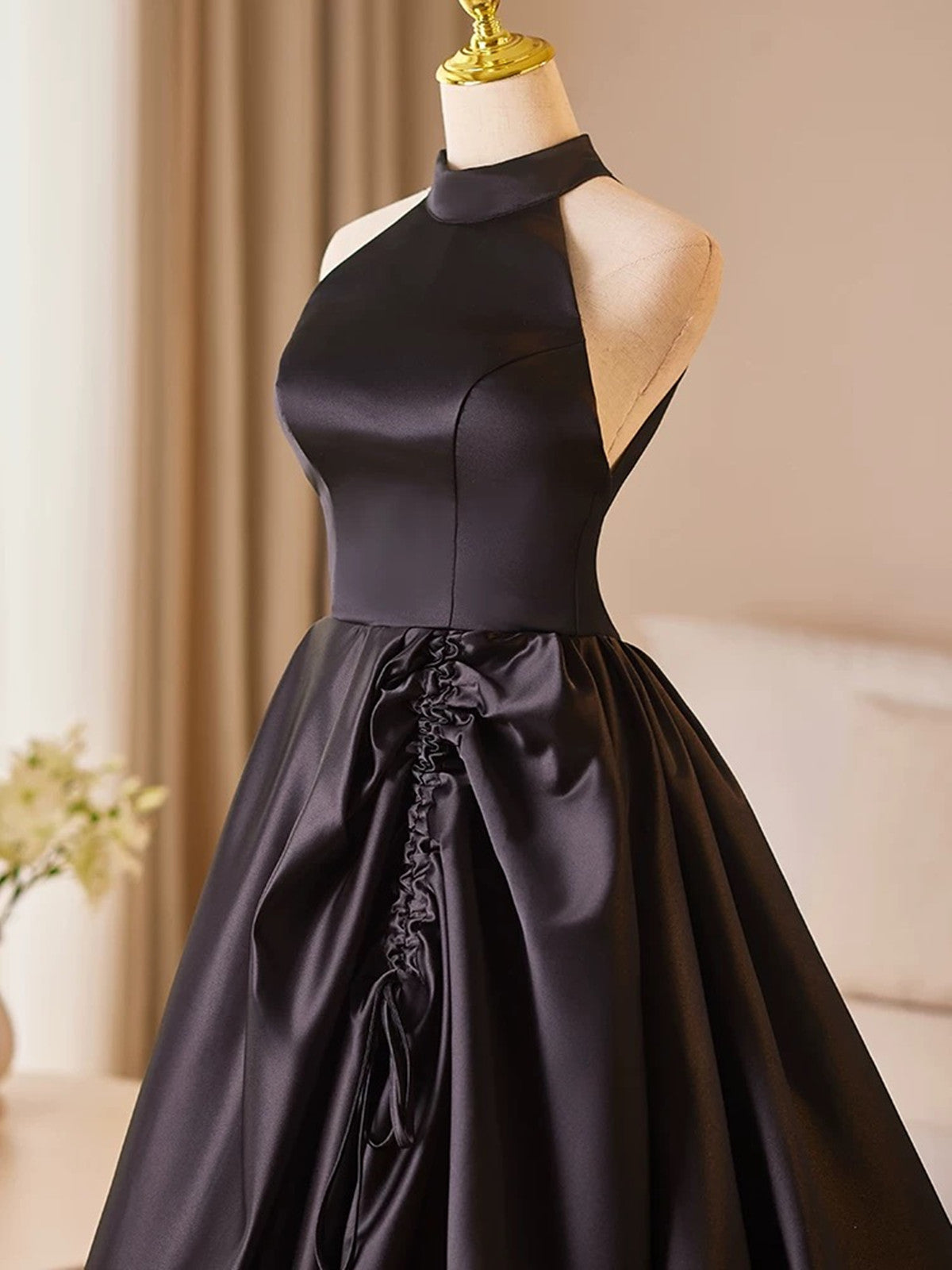 Black Halter Satin A-line Simple Style Prom Dress, Black Satin Party D Cutedressy Black Halter Satin A-line Simple Style Prom Dress, Black Satin Party D Cutedressy