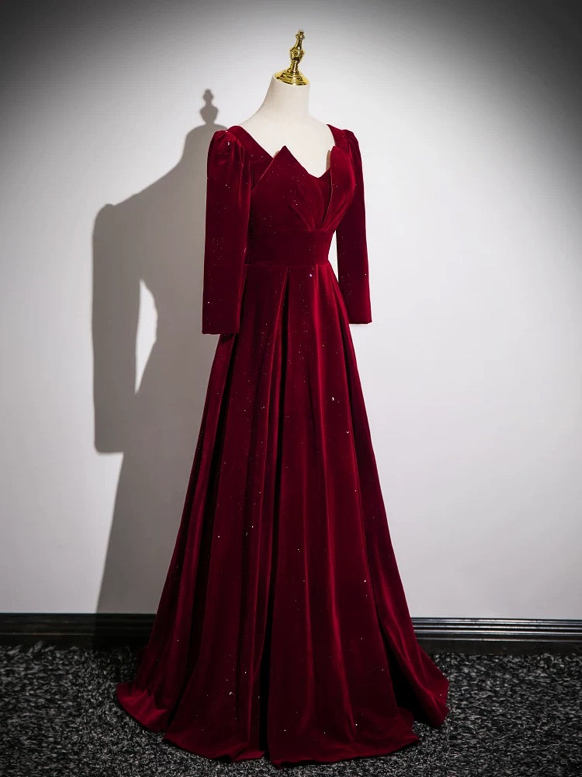 Elegant Wine Red Velvet Long Sleeves Party Dress, A-line Wine Red Prom Cutedressy Elegant Wine Red Velvet Long Sleeves Party Dress, A-line Wine Red Prom Cutedressy