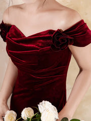 Lovely Velvet Mermaid Off Shoulder Long Prom Dress, Wine Red Wedding Party Dress