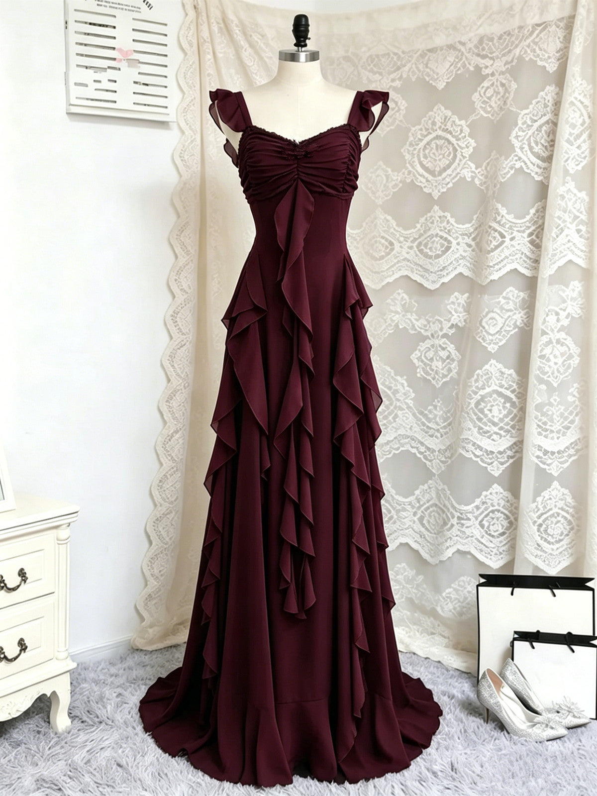 Elegant Chiffon Ruched Sweetheart Maxi Prom Dress, Cap Sleeves Tiered Long Evening Dress