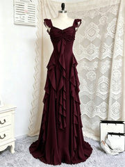 Elegant Chiffon Ruched Sweetheart Maxi Prom Dress, Cap Sleeves Tiered Long Evening Dress