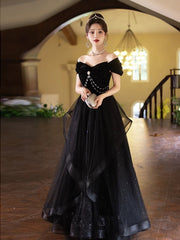 A-line Black Off Shoulder Tulle and Velvet Party Dress, Black Floor Length Prom Dress