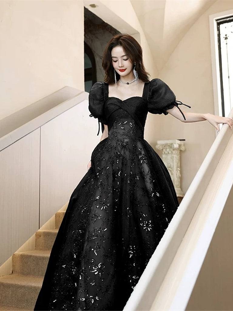 Black A-line Short Sleeves Lace Floor Length Party Dress, Black Sweeth