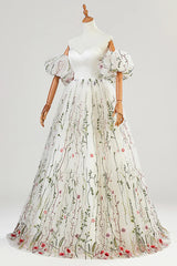Ivory Tulle Lace Long Prom Dress, A-Line Strapless Off Shoulder Formal Dress
