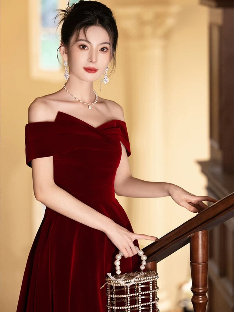 Wine Red Velvet Off Shoulder A-line Long Party Dress, Wine Red Floor Length Prom Dress