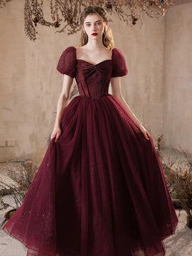 Lovely Wine Red Puffy Short Sleeves Tulle Prom Dress, Wine Red Tulle Party Dress