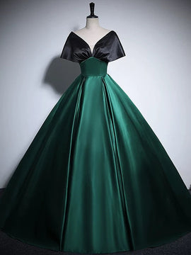 Chic Black and Green Satin Off Shoulder Long Party Dress, Floor Length Prom Dress