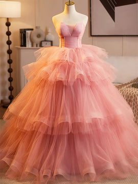 Pink Sweetheart Tulle Ball Gown Long Party Dress, Pink Tulle Prom Dress