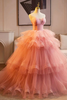 Pink Sweetheart Tulle Ball Gown Long Party Dress, Pink Tulle Prom Dress