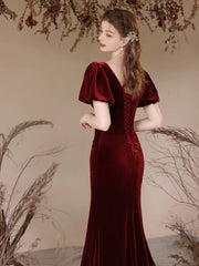 Wine Red Mermaid Velvet Short Sleeves Party Dress, Wine Red Bridesmaid Dress