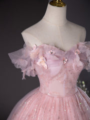 Pink Tulle Floral Flowers Sweeetheart Long Formal Dress, Pink Sweet 16 Dress