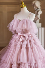 Pink Layered Tulle Ball Gown With Bow, Pink Tulle Evening Dress Formal Dress