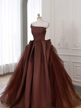 Brown Satin Tulle Long Prom Dress, Satin Ball Gown Formal Dress