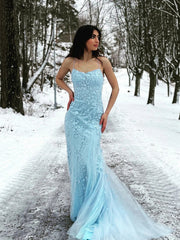 Light Blue Mermaid Cross Back Lace Long Party Dress, Light Blue Prom Dress