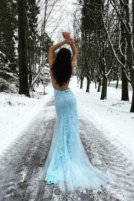 Light Blue Mermaid Cross Back Lace Long Party Dress, Light Blue Prom Dress