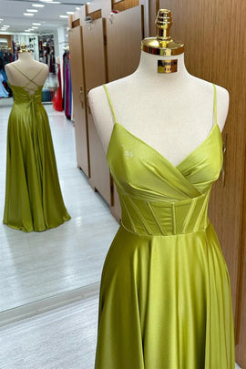 Green Satin A-line Straps Long V-neckline Party Dress, Green Satin Prom Dress