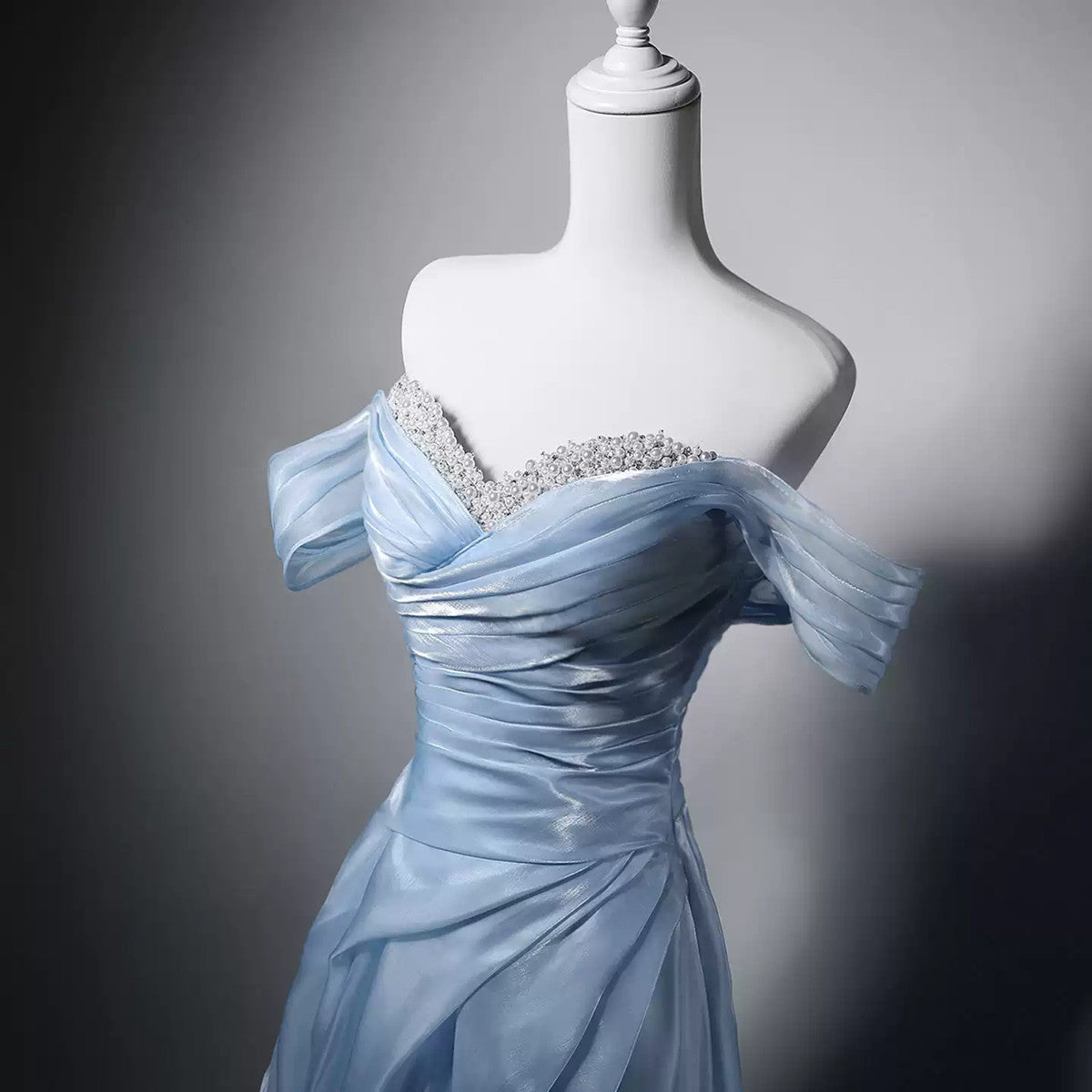 Light Blue Beaded Sweetheart Strapless Long Formal Dress, Light Blue Long Prom Dress Evening Dress