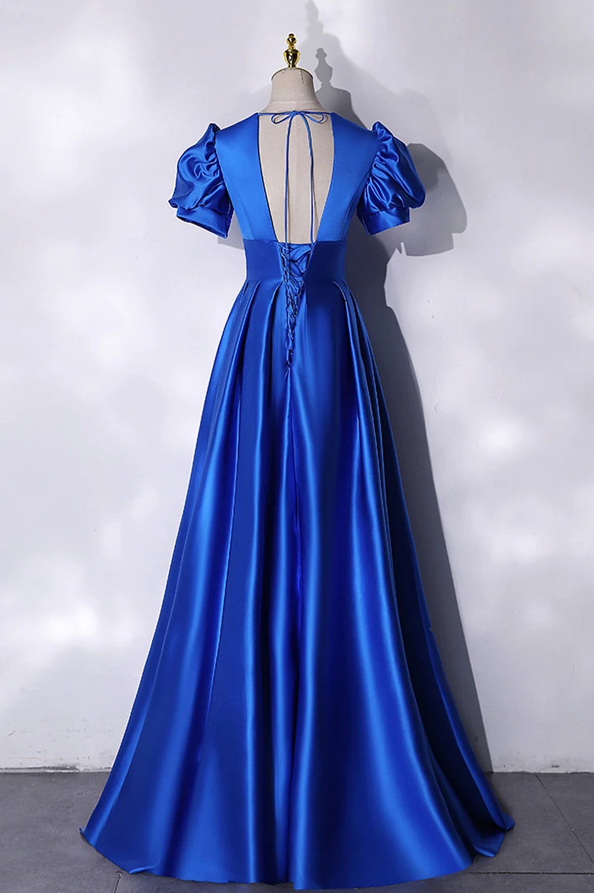 Blue V-Neck Satin Long Prom Dress, Blue A-Line Evening Formal Dress
