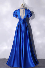 Blue V-Neck Satin Long Prom Dress, Blue A-Line Evening Formal Dress