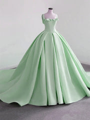 Green Satin Ball Gown Straps Sweet 16 Dress, Green Satin Long Prom Dress Evening Dress