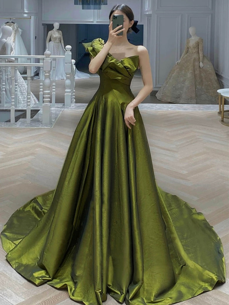 Dark Green One Shoulder Satin Floor Length Party Dress, Dark Green Pro