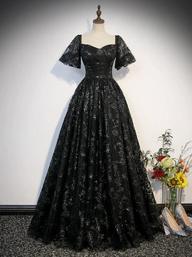 Black Lace Sweetheart Short Sleeves Long Evening Dress, Black Prom Dress Party Dress