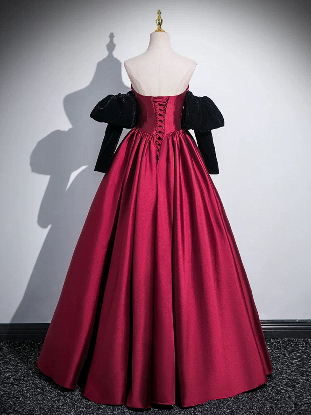 Wine Red Satin Long Party Dress with Black Sleeves, Wine Red A-line Prom Dress