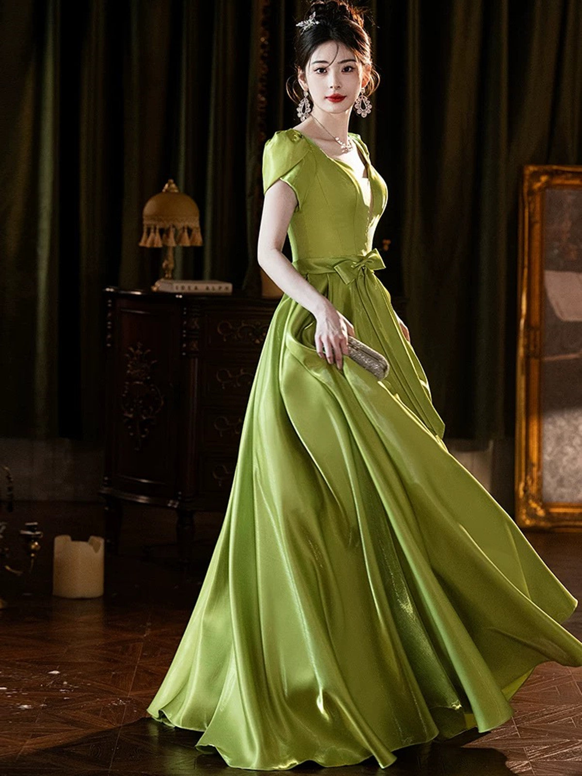 Lovely Green Satin Simple Short Sleeves Party Dress, A-line Green Satin Prom Dress