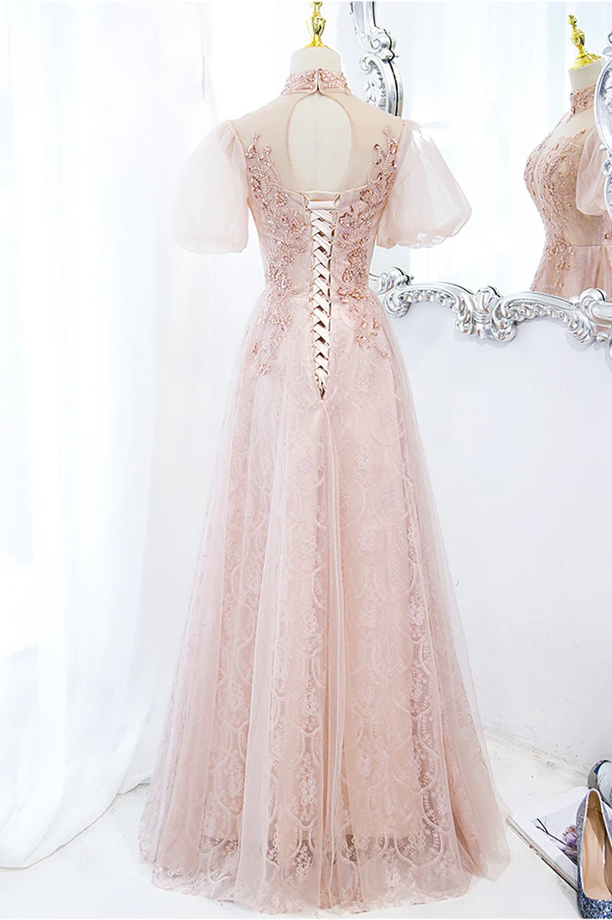 Pink Tulle and Lace High Neckline Long Party Dress, A-line Tulle Pink Prom Dress