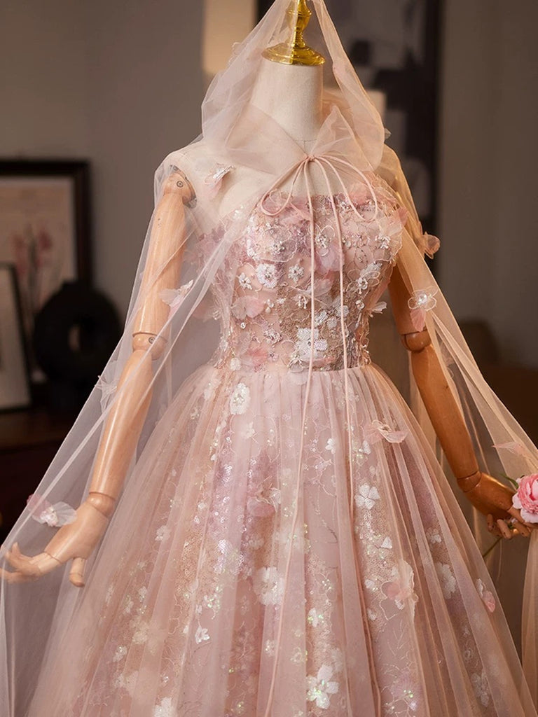 Pink Floral Lace Long Party Dress, A-line Tulle Pink Formal Gown with