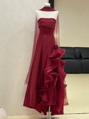 Wine Red Strapless Long A-line Evening Dress, Wine Red Simple Formal Dress