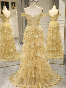 A-line Layers Tulle and Lace Off Shoulder Party Dress, Tulle Long Prom Dress