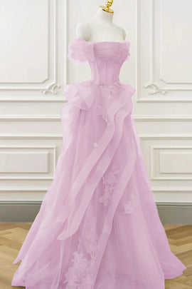 Pink Tulle Off Shoulder with Lace Long Party Dress, Pink Tulle Prom Dress