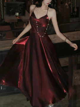 Chich Wine Red V-neckline Straps Long Party Dress, Wine Red Satin Prom Dress